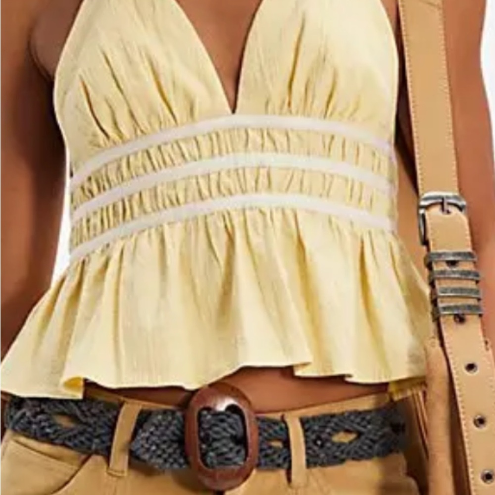Free People Pale Yellow Ruffled V-Neck Crop Top